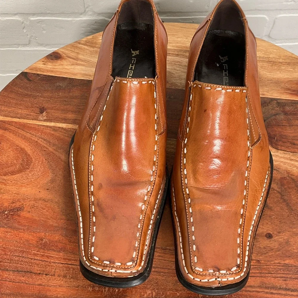 Fiesso by Aurelio Garcia Brown‎ Leather Square Toe Slip On Loafers Italy Retro